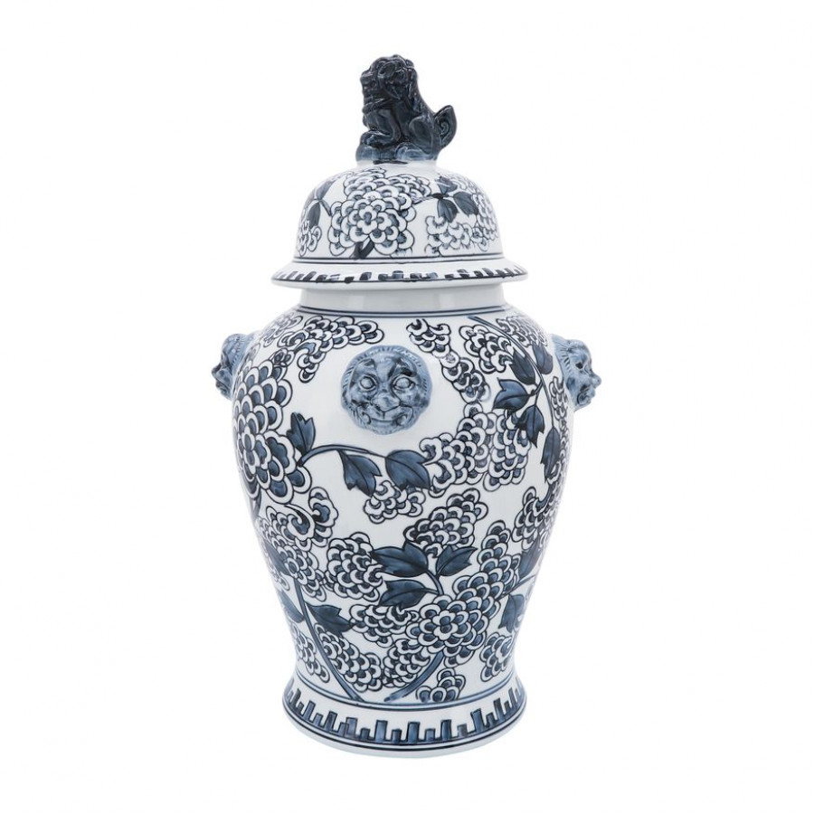 Sagebrook - 18" Ceramic Lion Heads Temple Jar in Blue