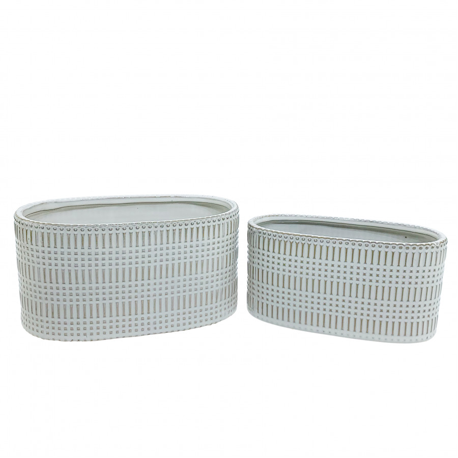 Sagebrook - 10" Ceramic Oval Lines Planter (Set Of 2) in Beige