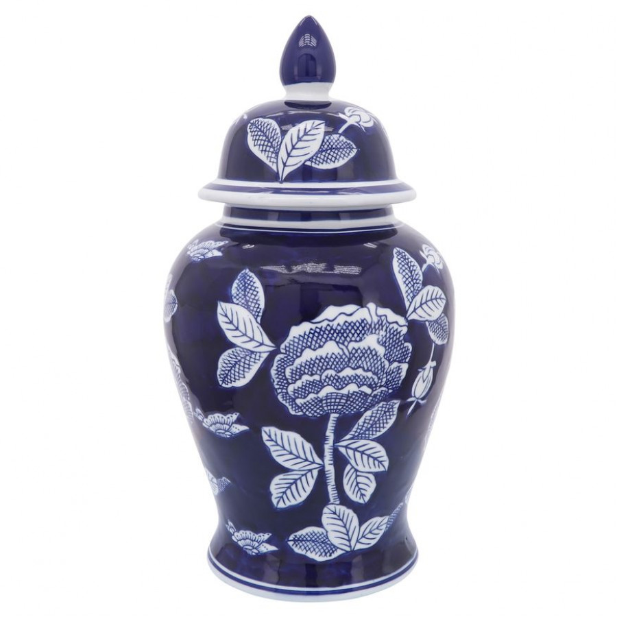 Sagebrook - 18" Ceramic Flower Temple Jar in White/Blue