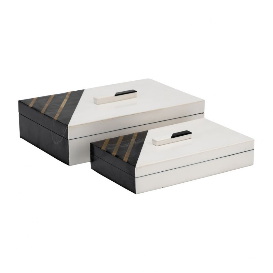 Sagebrook - 10"/12" Resin Striped Boxes With Knob (Set Of 2) in Black/White