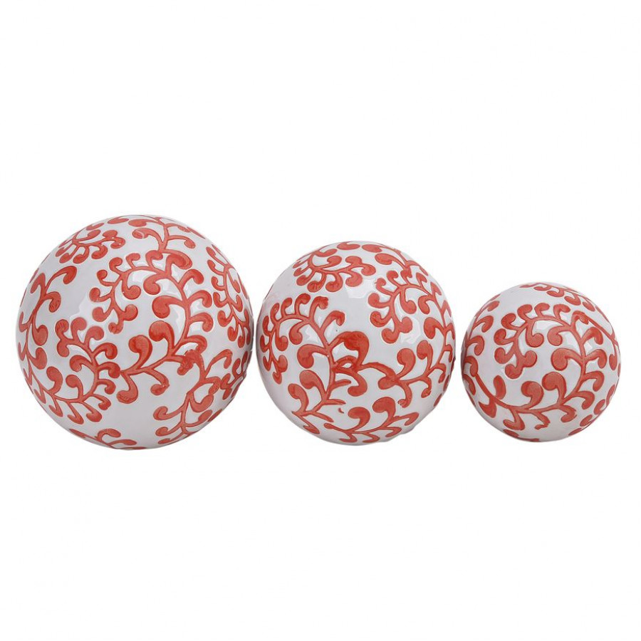 Sagebrook 4"/5"/6" Ceramic Fern Orbs (Set Of 3) - White/Red