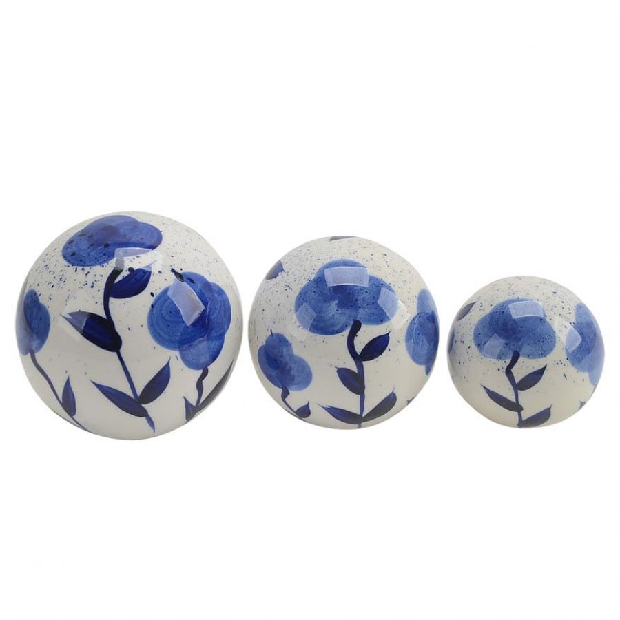 Sagebrook - 4"/5"/6" Ceramic Flower Painted Orbs (Set Of 3) in Blue