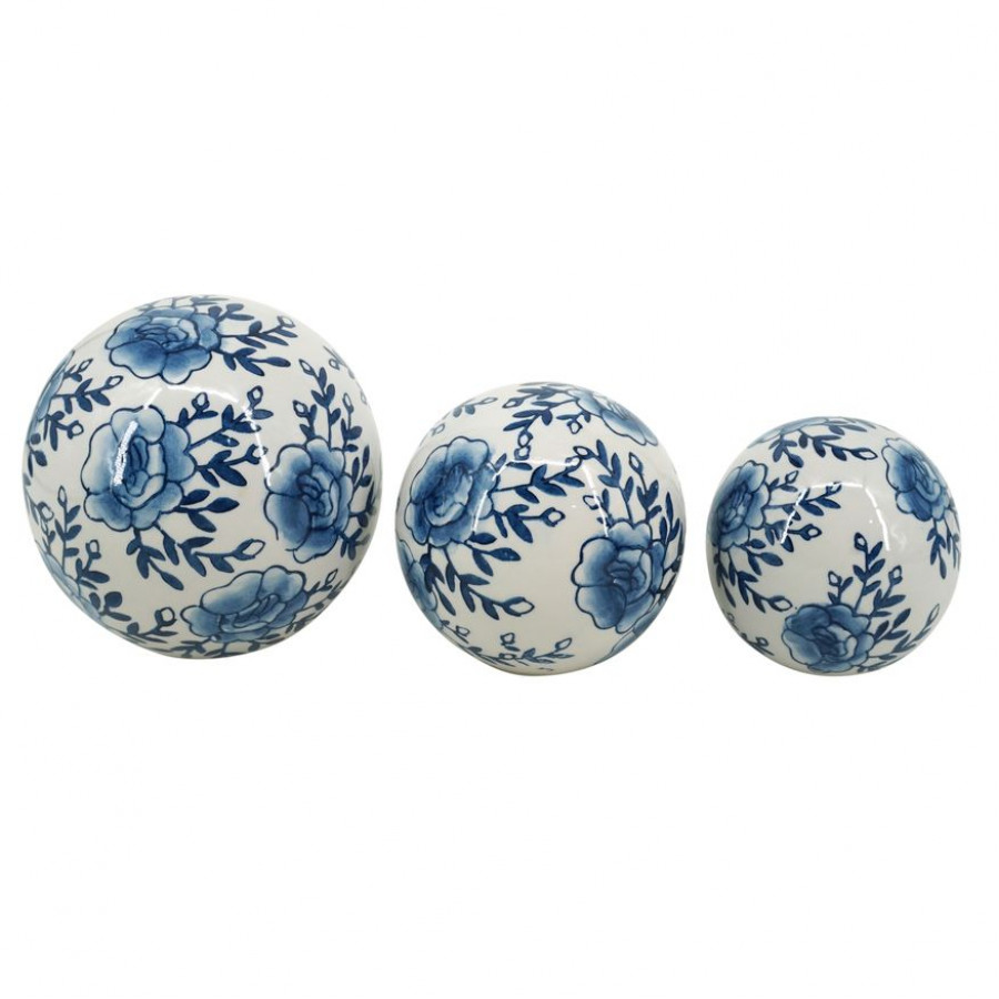 Sagebrook - 4"/5"/6" Ceramic Chinoiserie Lotus Orbs (Set Of 3) in Blue/White