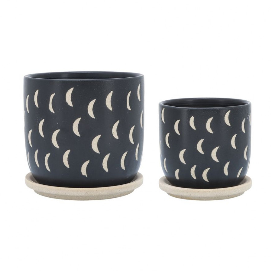 Sagebrook - 5"/6" Ceramic Moon Planters Saucer (Set Of 2) in Black