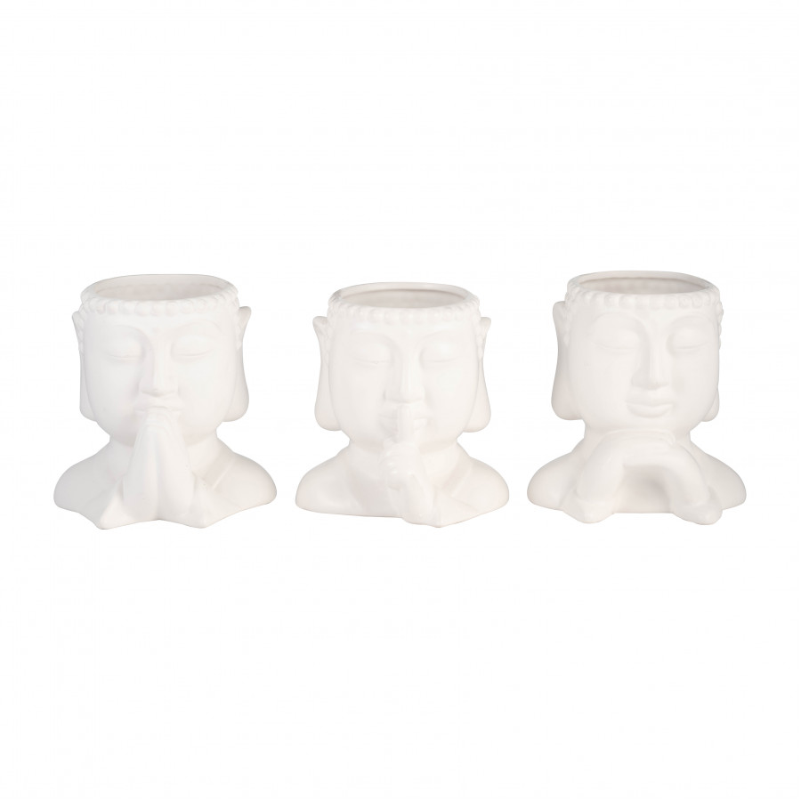 Sagebrook - 7" Ceramic Buddha Head Planters (Set Of 3) in White