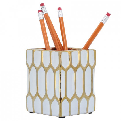 Sagebrook 4" Ceramic Pen Holder - White/Gold