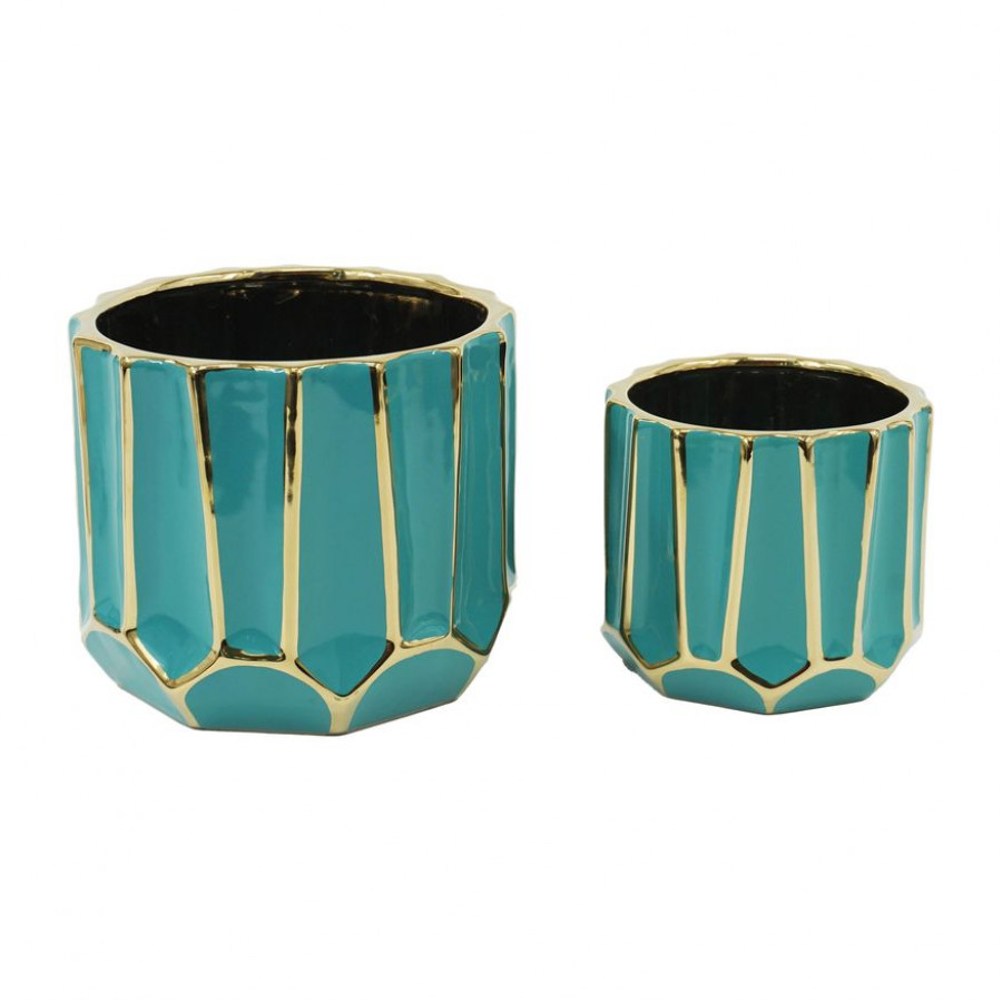 Sagebrook - 6"/8" Ceramic Decorative Planters (Set Of 2) in Turquoise/Gold