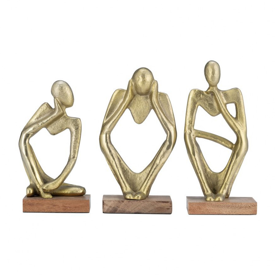 Sagebrook - 9" Metal/Wood Deep Thoughts (Set Of 3) in Gold