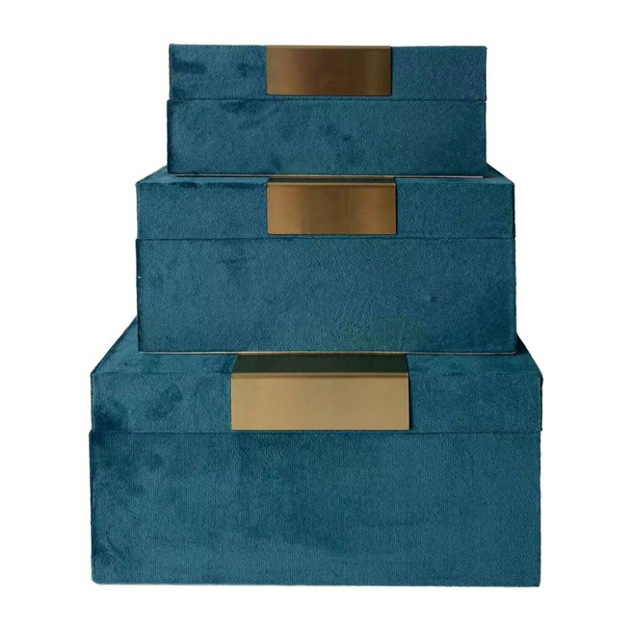 Sagebrook - 7"/8"/9" Velvet Jewelry Boxes (Set Of 3) in Teal/Gold
