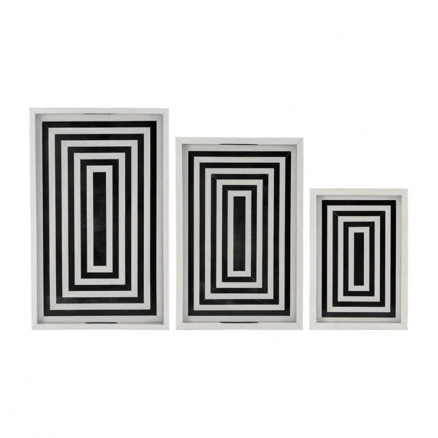 Sagebrook 13"/18"/24" Resin Square Lines Trays (Set Of 3) - Blue/White