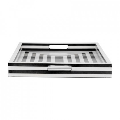 Sagebrook 13"/18"/24" Resin Square Lines Trays (Set Of 3) - Blue/White