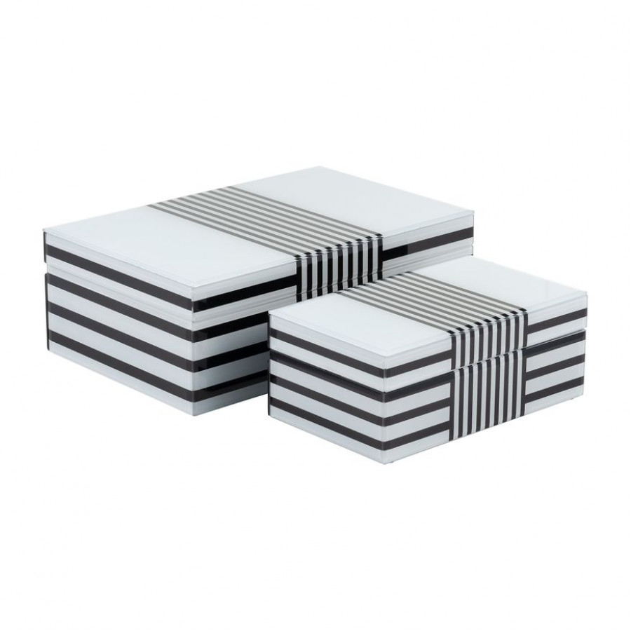 Sagebrook 8"/11" Wood Striped Boxes (Set Of 2) - Black/White