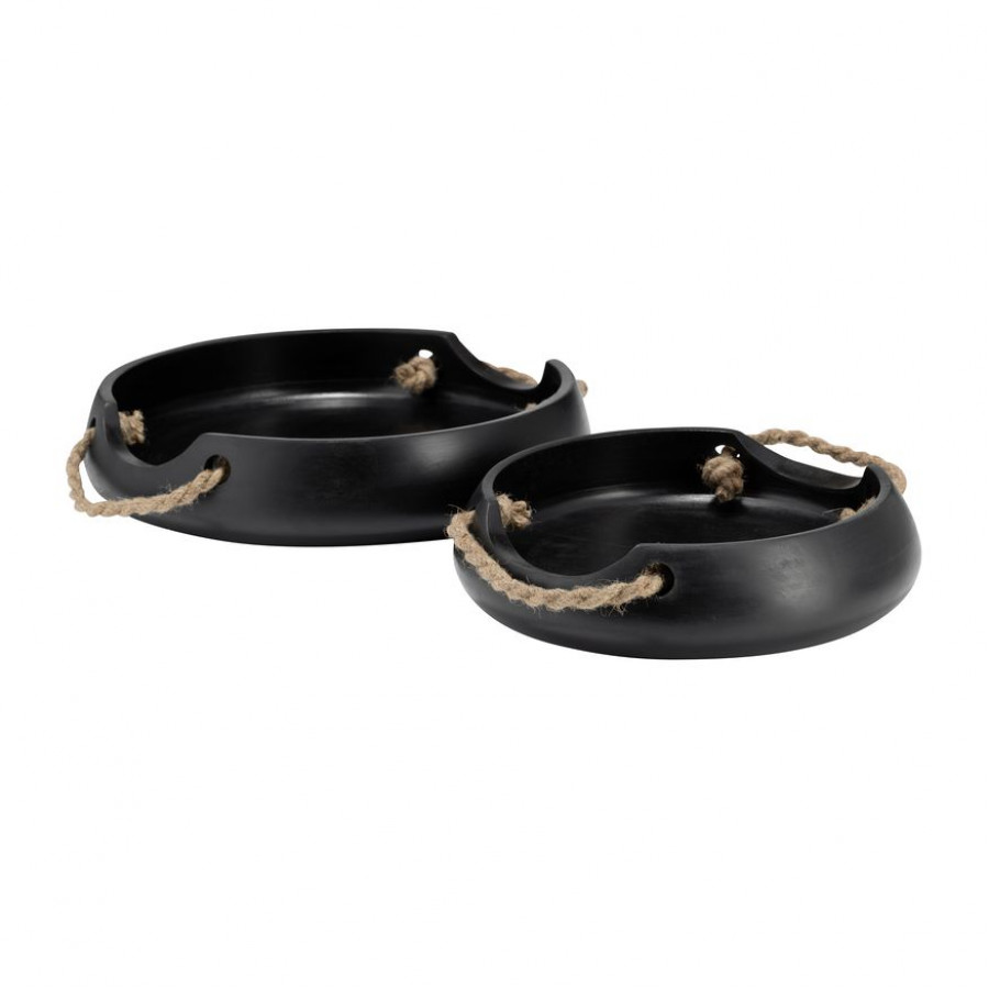 Sagebrook - 12"/15" Wood Round Trays With Rope Handles (Set Of 2) in Black