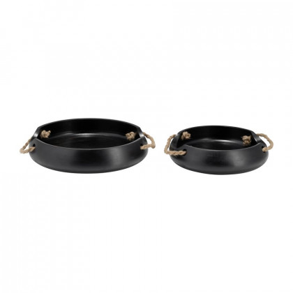Sagebrook - 12"/15" Wood Round Trays With Rope Handles (Set Of 2) in Black