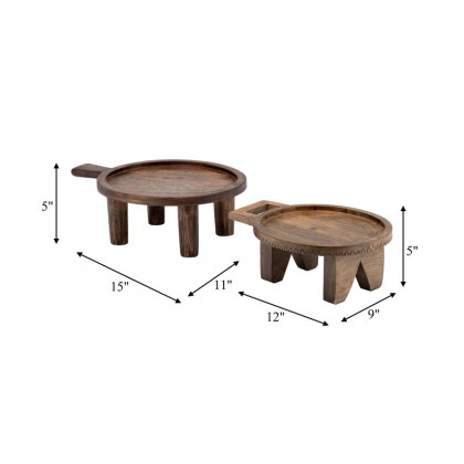 Sagebrook - 12"/15" Wood Round Risers With Handle (Set Of 2) in Brown
