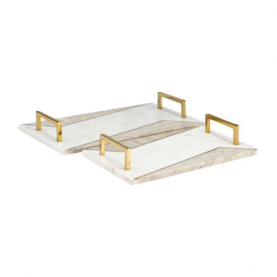 Sagebrook - 15"/18" Marble 2-tone Trays With Handle (Set Of 2) in White