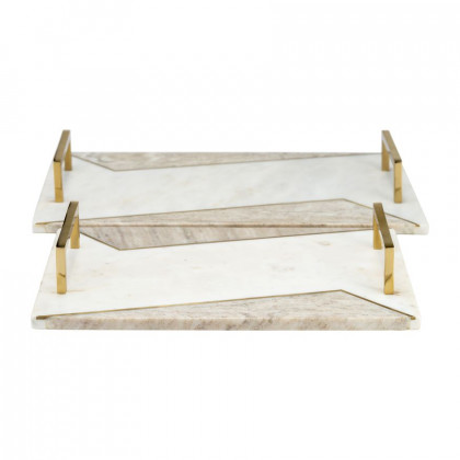 Sagebrook - 15"/18" Marble 2-tone Trays With Handle (Set Of 2) in White