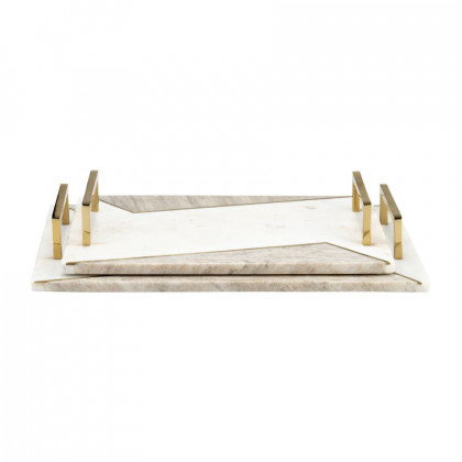 Sagebrook - 15"/18" Marble 2-tone Trays With Handle (Set Of 2) in White