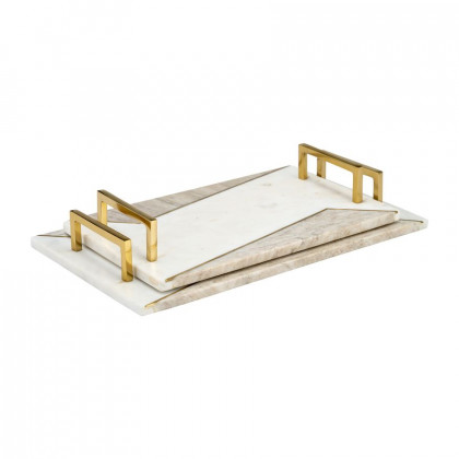 Sagebrook - 15"/18" Marble 2-tone Trays With Handle (Set Of 2) in White