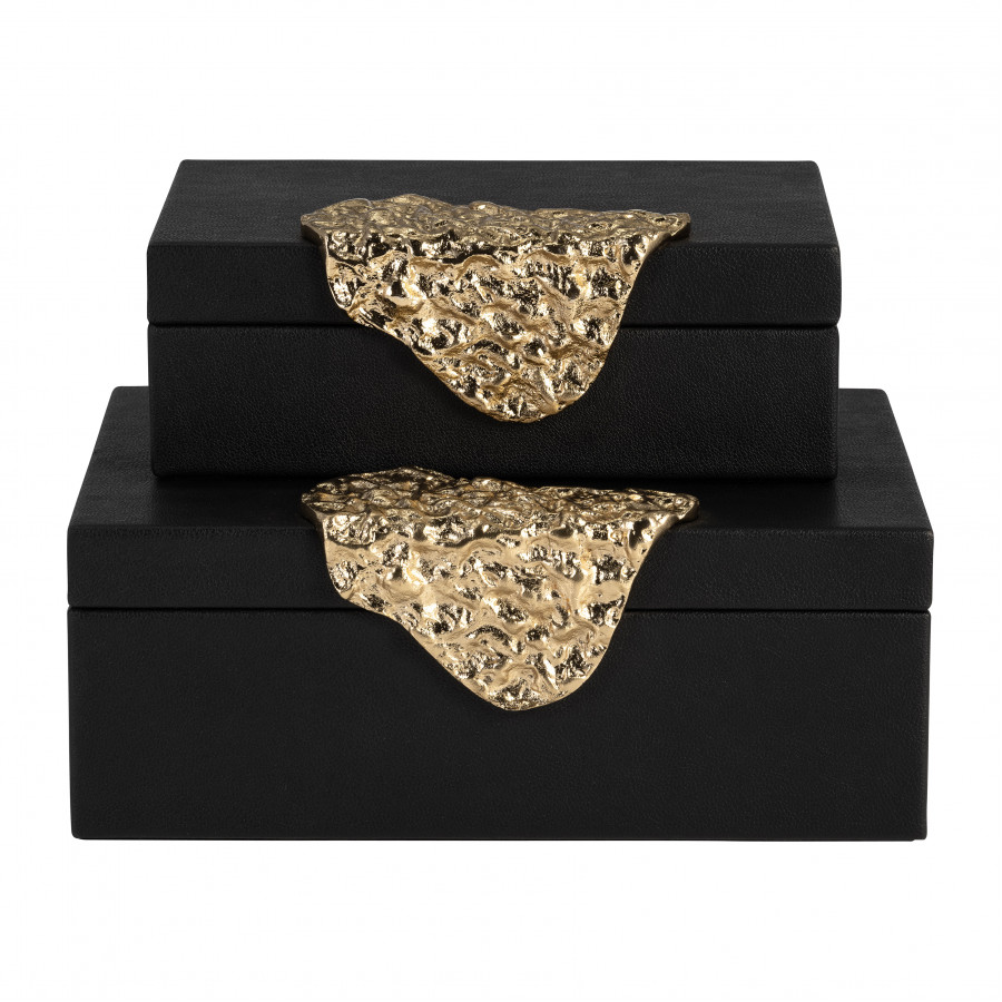 Sagebrook - 11" Leather Box with Antique Grain (Set Of 2) in Black/Gold