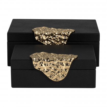 Sagebrook - 11" Leather Box with Antique Grain (Set Of 2) in Black/Gold