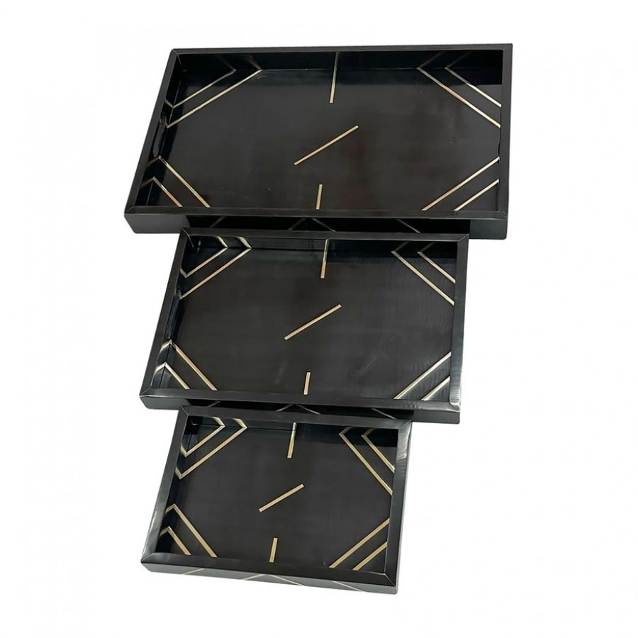 Sagebrook - 13"/18"/24" Resin Brass Inlay Rectangle Tray (Set Of 3) in Black