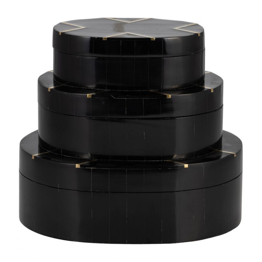 Sagebrook - 6"/7"/9" Resin Brass Inlay Oval Boxes (Set Of 3) in Black/White