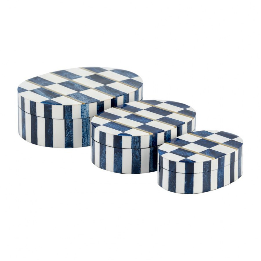 Sagebrook - 6"/7"/9" Resin Checkered Pattern Oval Boxes (Set Of 3) in White/Blue