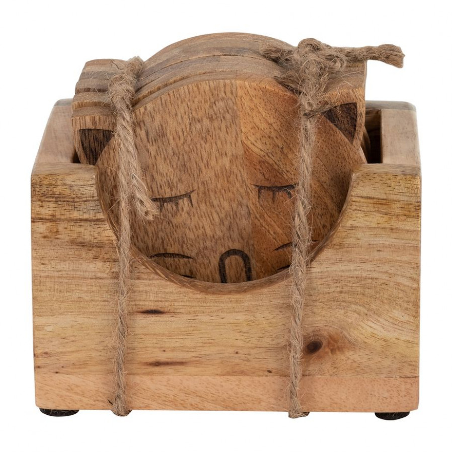 Sagebrook - Wood Cat Face Coasters With Stand (Set Of 6) in Natural
