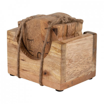 Sagebrook - Wood Cat Face Coasters With Stand (Set Of 6) in Natural