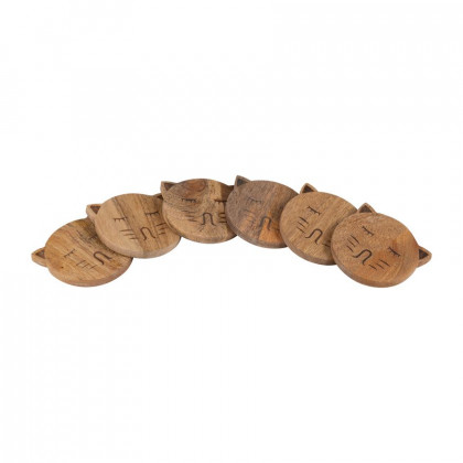Sagebrook - Wood Cat Face Coasters With Stand (Set Of 6) in Natural