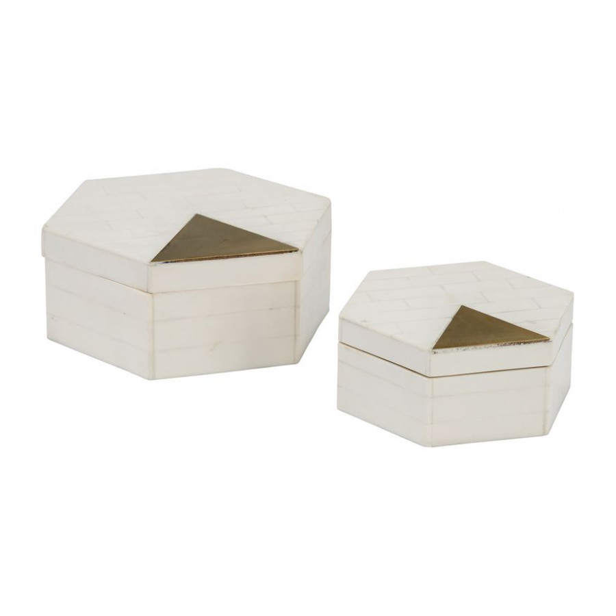 Sagebrook - 5"/7" Resin Hexagon Boxes With Brass Inlay (Set Of 2) in White/Gold