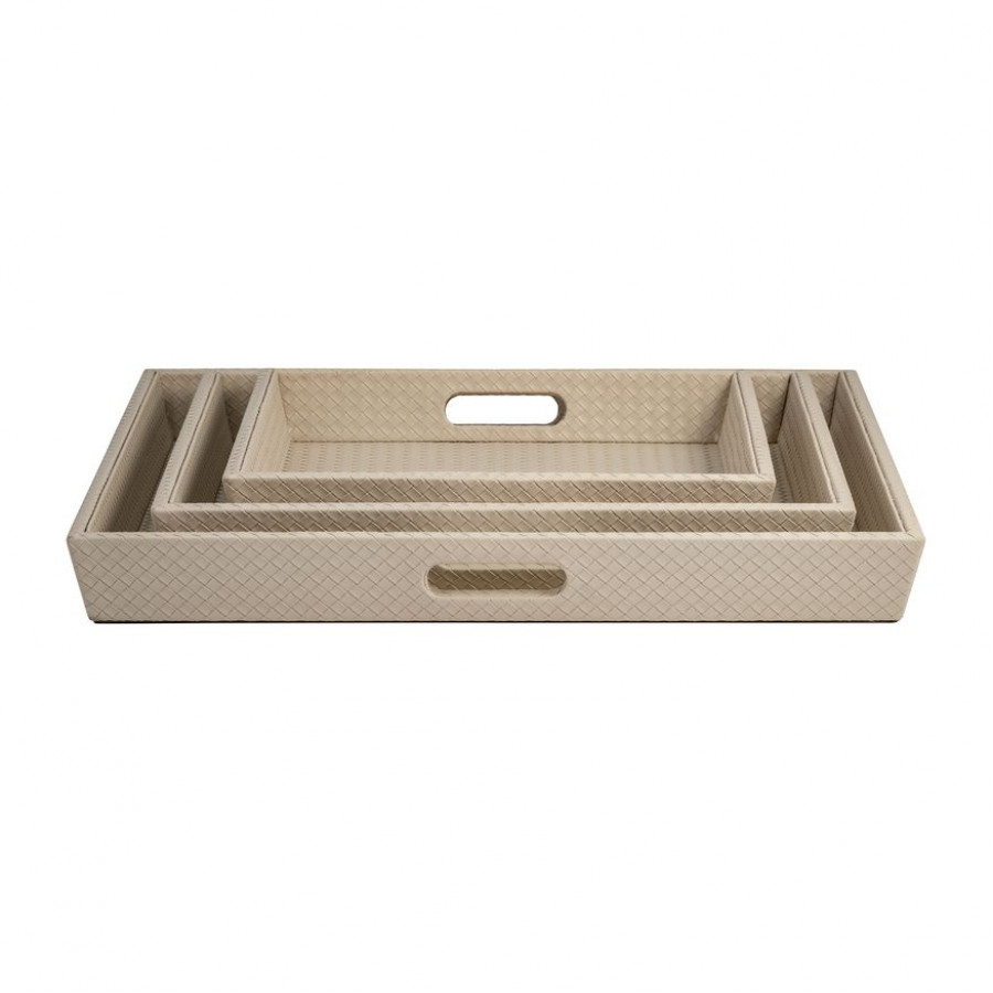 Sagebrook - 16"/20"/24" Leather/Wood Diamondweave Trays (Set Of 3)