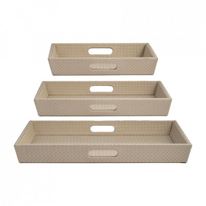 Sagebrook 16"/20"/24" Leather/Wood Diamondweave Trays (Set Of 3) - Tan