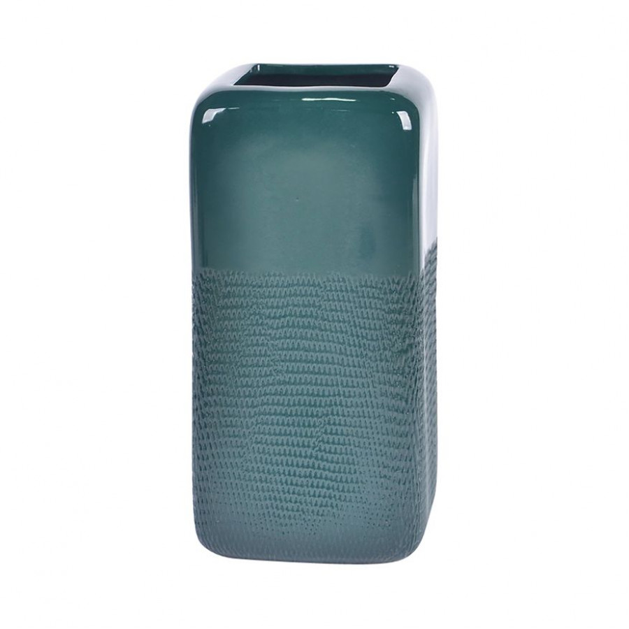 Sagebrook 12" Ceramic Squared Grooved Vase - Forest Green