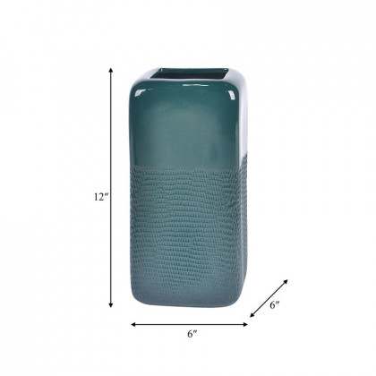 Sagebrook 12" Ceramic Squared Grooved Vase - Forest Green