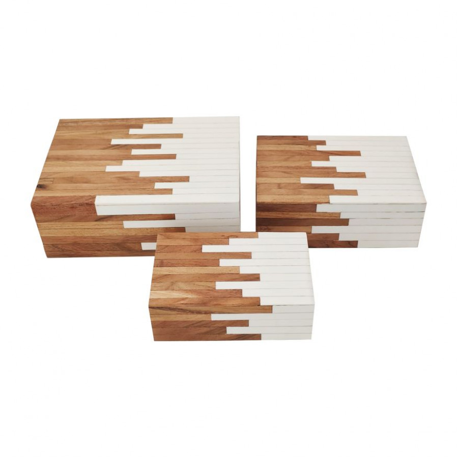 Sagebrook - 6"/7"/9" Resin 2-Toned Boxes (Set Of 3) in Natural/White
