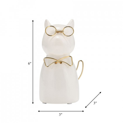 Sagebrook Ceramic 6"h - Puppy With Gold Glasses And Bowtie - White