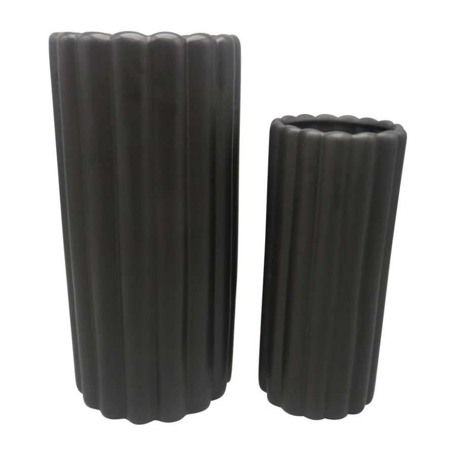 Sagebrook 10"/13" Ceramic Ribbed Vases (Set Of 2) - Black