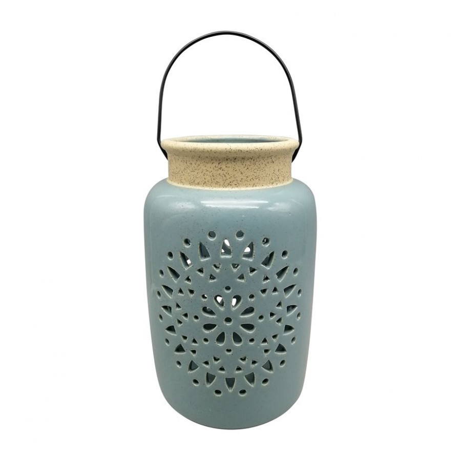 Sagebrook 9" Ceramic Flower Cut Out Lantern - Cameo Blue