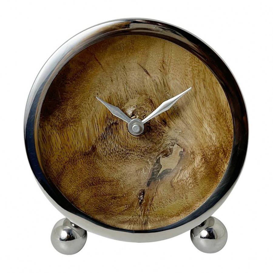 Sagebrook - 5" Metal Round Wood Face Table Clock in Silver