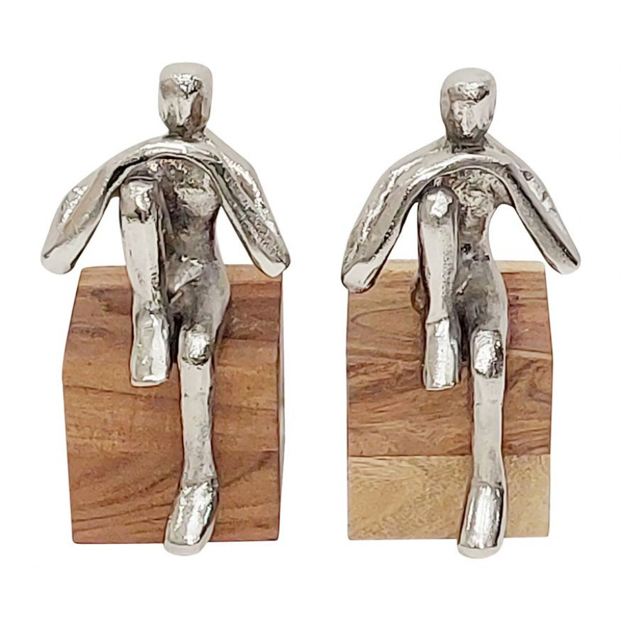 Sagebrook - 7" Metal Thinking Man Bookend Wood Base (Set Of 2) in Silver