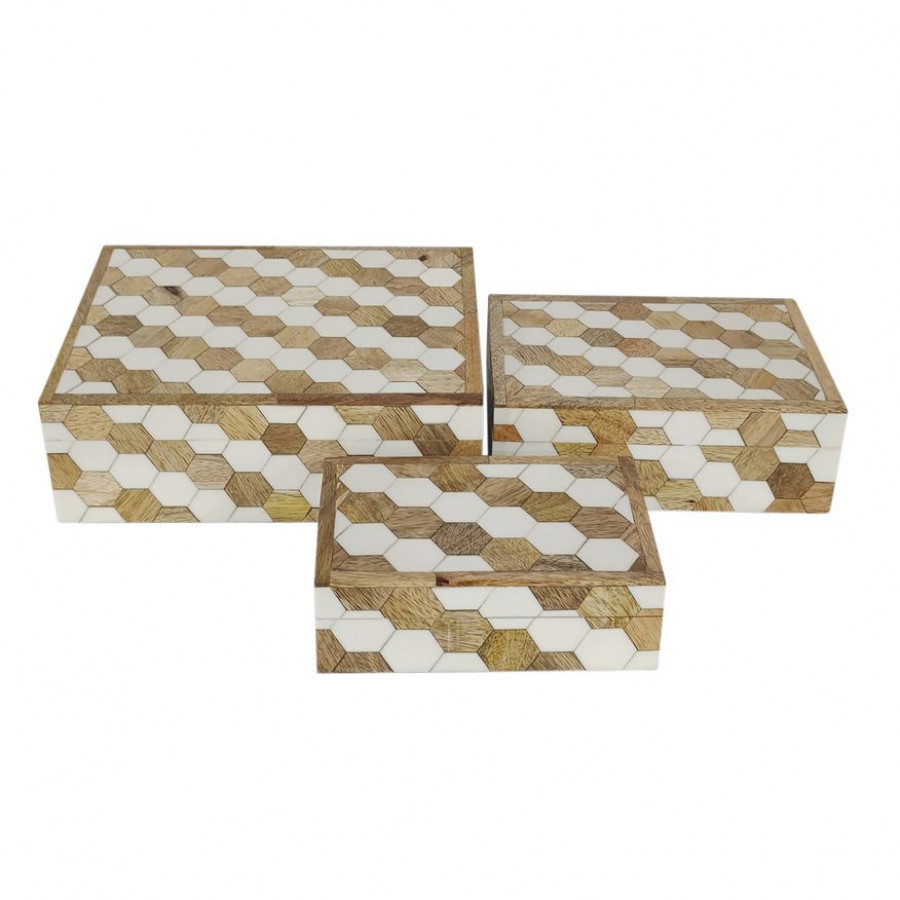 Sagebrook - 6"/7"/9" Resin Hexagon Inlay Boxes (Set Of 3) in White