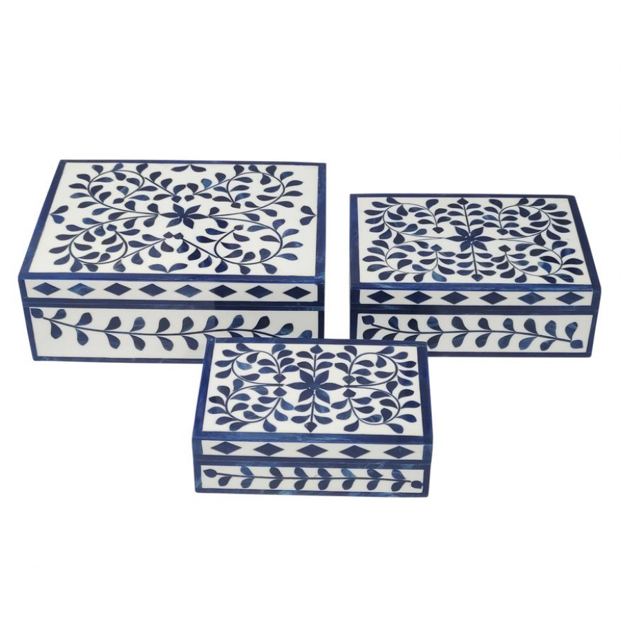 Sagebrook - 6"/7"/9" Resin Blue Petals Boxes (Set Of 3) in White/Blue