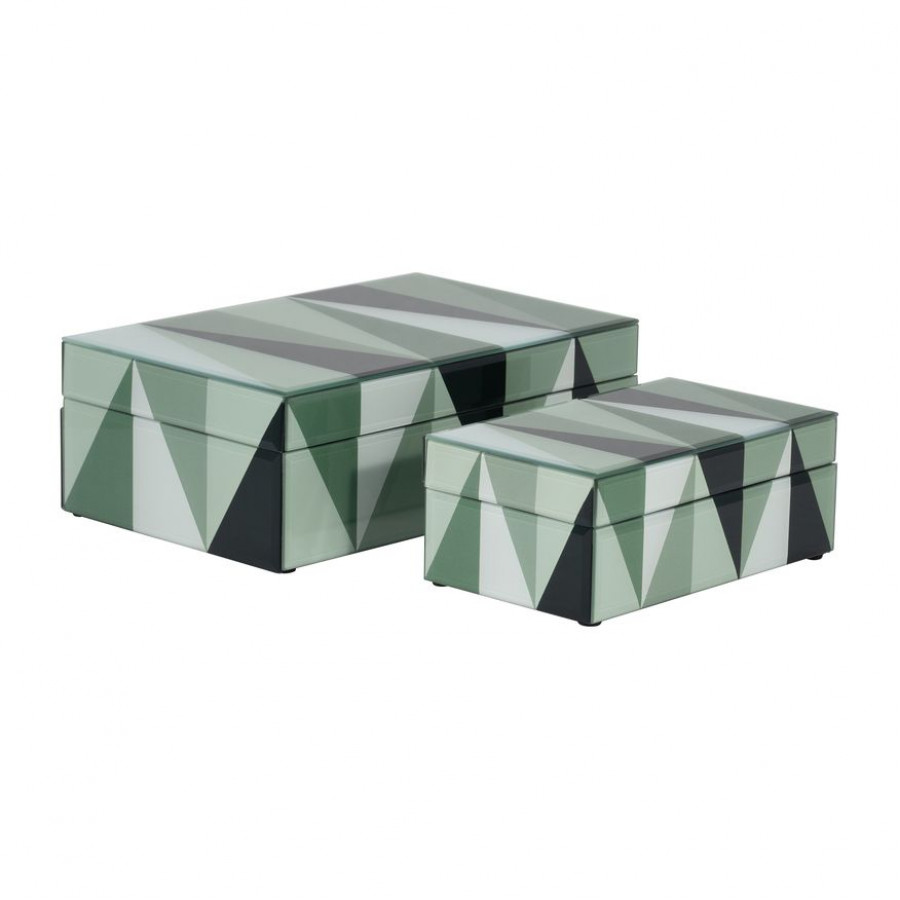 Sagebrook - 8"/11" Glass Triangles Boxes (Set Of 2) in Green/White