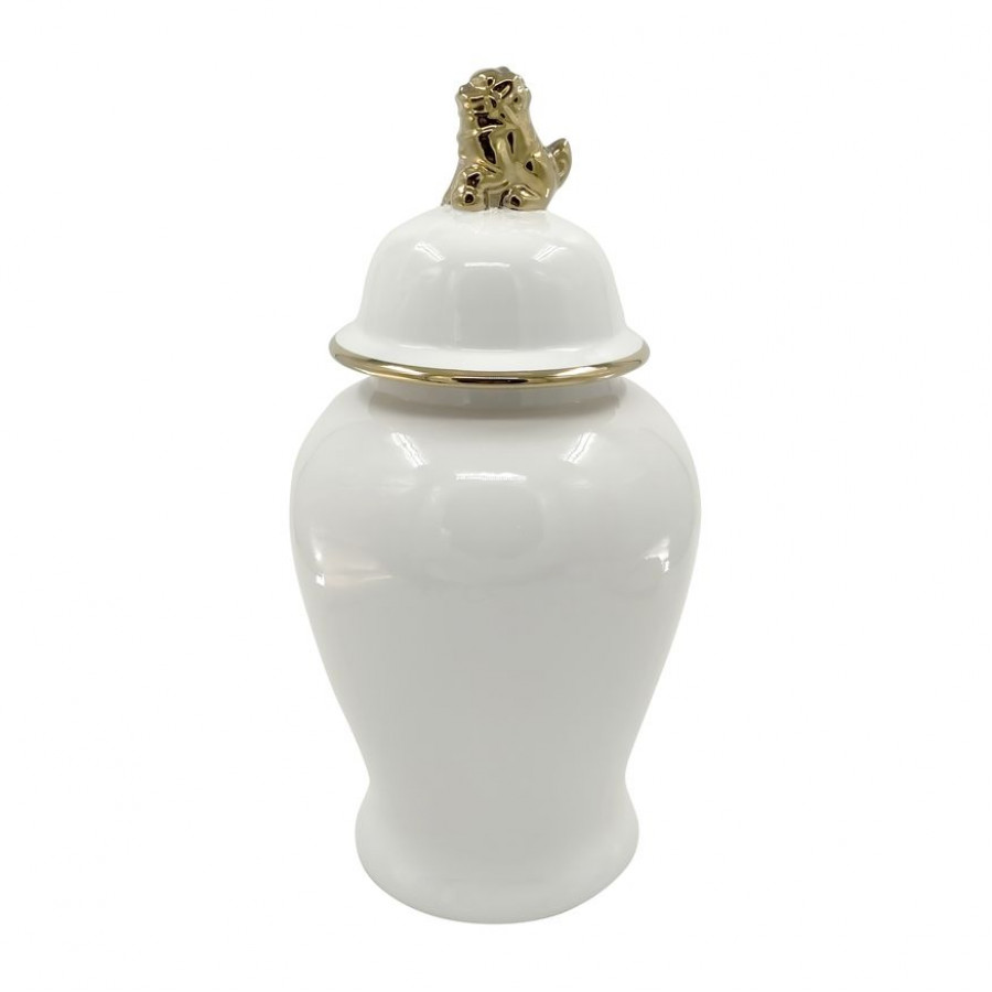 Sagebrook 18" Ceramic Lion Head Temple Jar - White/Gold