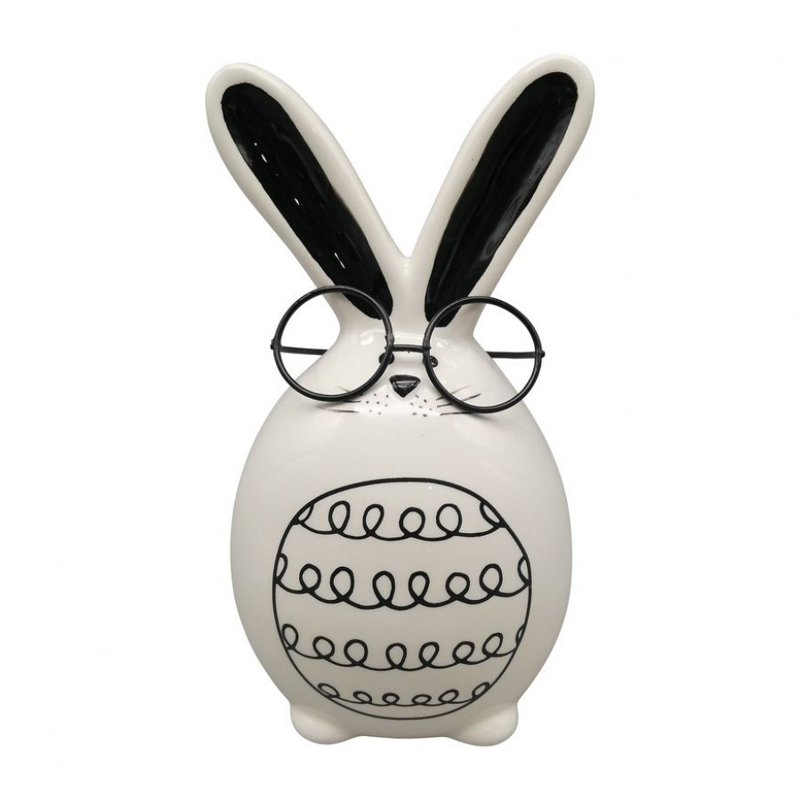 Sagebrook 7" Ceramic Chubby Dashes Bunny With Glasses - Black/White