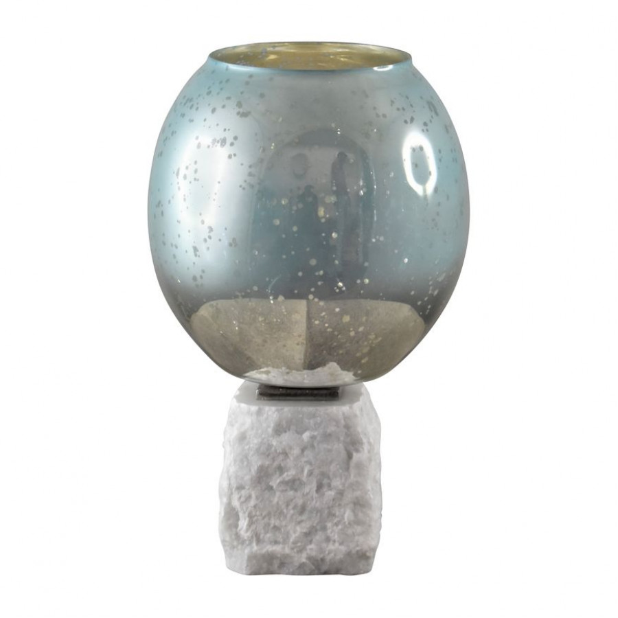 Sagebrook 13" Glass Bowl Pillar Holder Marble Base - Aqua/White
