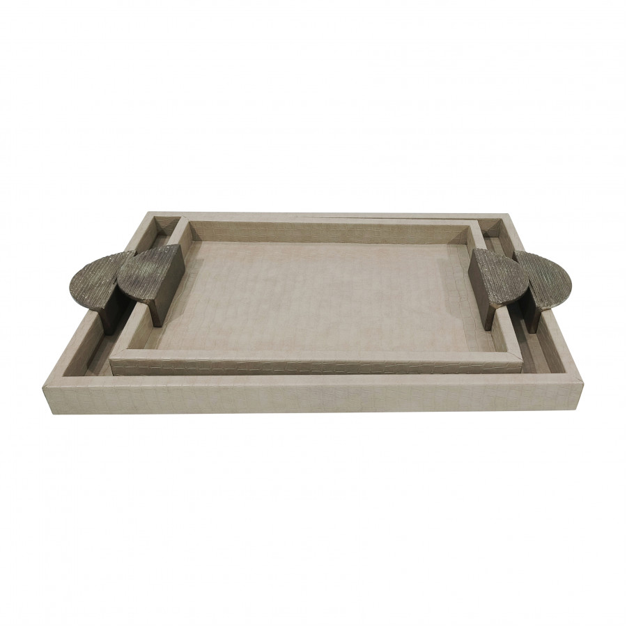 Sagebrook - 15"/19" Faux Leather Croc Trays (Set Of 2) in Nude/Gold