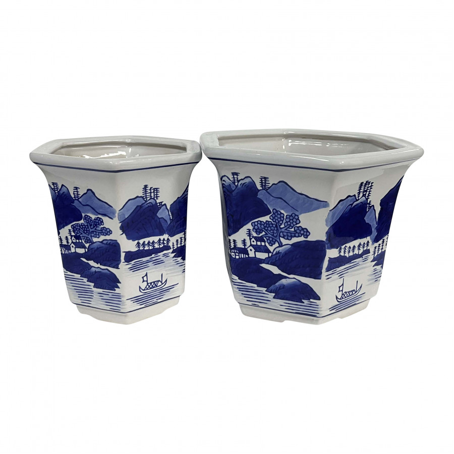 Sagebrook - 6"/8" Ceramic Chinoiserie Planters (Set Of 2) in Blue/White